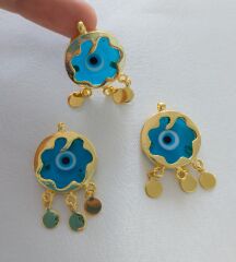 Şeffaf Mavi Renk - Murano Çerçeveli Nazar Kolye ve Küpe Aparatı