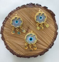 Gri Renk - Murano Çerçeveli Nazar Kolye ve Küpe Aparatı