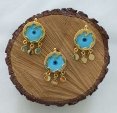 Açık Mavi Renk - Murano Çerçeveli Nazar Kolye ve Küpe Aparatı