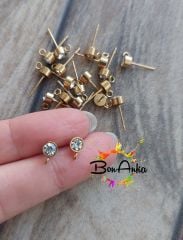 (1 çift - 2 adet) 316 L Çelik Sarı Renk Taşlı Küpe Aparatı