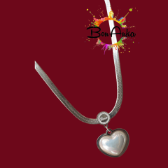 Gümüş Renk Sedef Kalpli Love Yazılı İtalyan Yassı Zincir Çelik Kolye