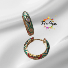 Karışık Renkli Mineli Etnik Desen Çelik Halka Küpe