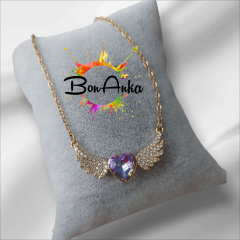 Gold Renk Zirkon Taş Kanatlı Kristal Kalp Model Çelik Kolye