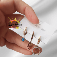 Gold Renk Fatma Ana El Figür Zirkon Taşlı Kadın Küpe Seti