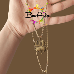 Gold Renk Çelik Burgu Zincir Yonca Model Kolye