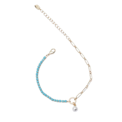 İncili Turkuaz Su Yolu Zincir Detaylı  Gold Vip Bileklik - 14K